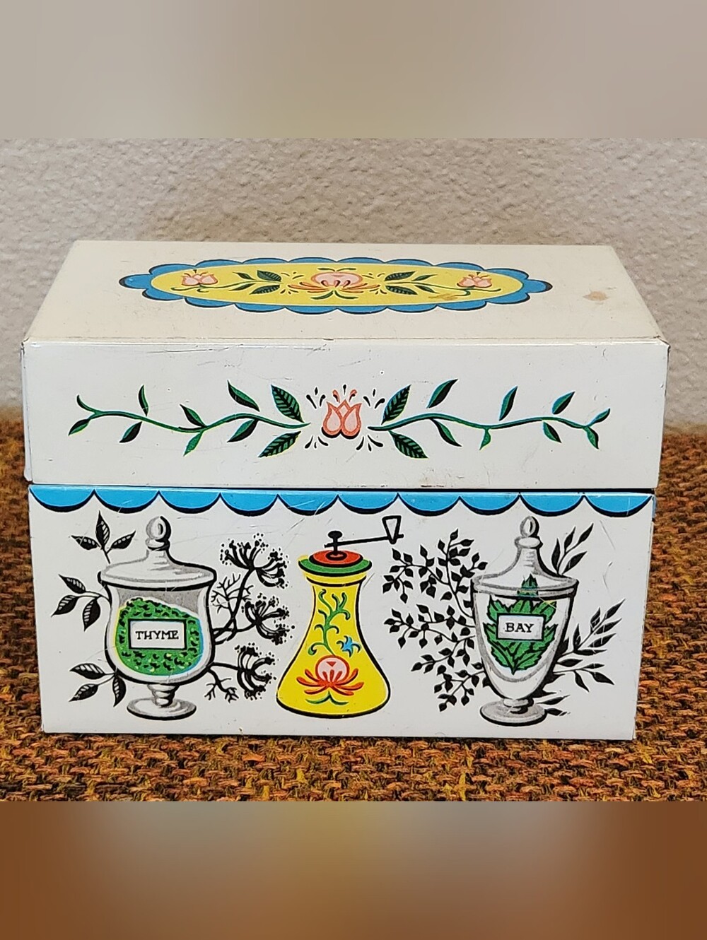 Vintage J. Chein Metal Recipe Box With Whimsical Retro Herbs Design 1960s